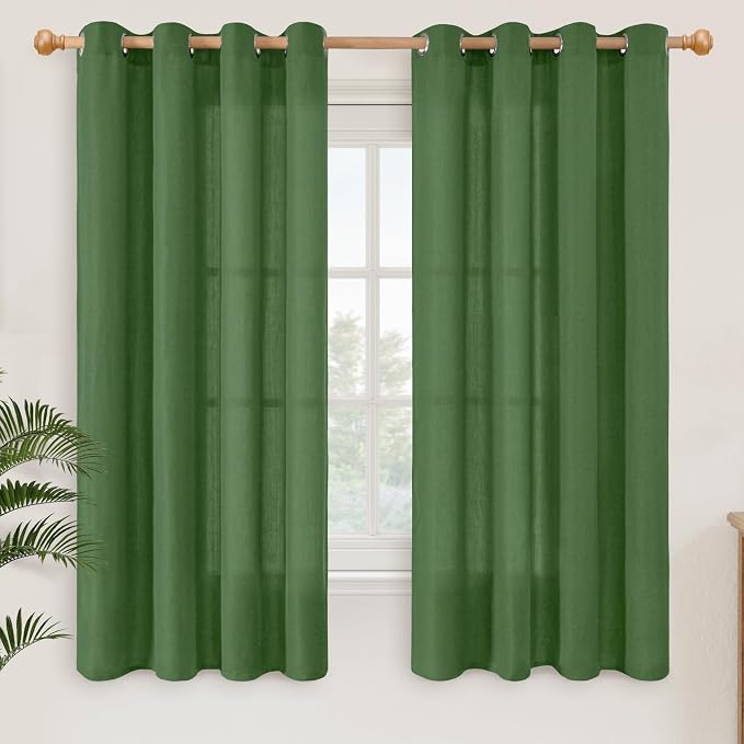 YoungsTex Forest Green Linen Curtains 63 Inches Length for Living Room, Light Filtering Drapes Privacy with Grommet for Bedroom Dining Room Spring Decorative, 2 Panels, 52 X 63 Inch