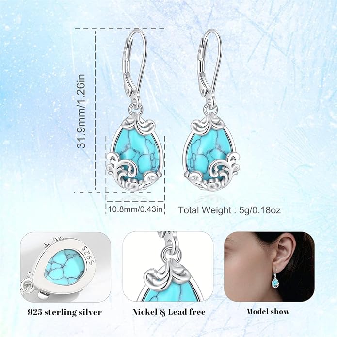 Vito 925 Sterling Silver Teardrop Earrings for Women, Moonstone Turquoise Drop Dangle Earrings Cat Snake Turtle Tree of Life Leverback Earrings Boho Jewelry Gift for Mom Wife