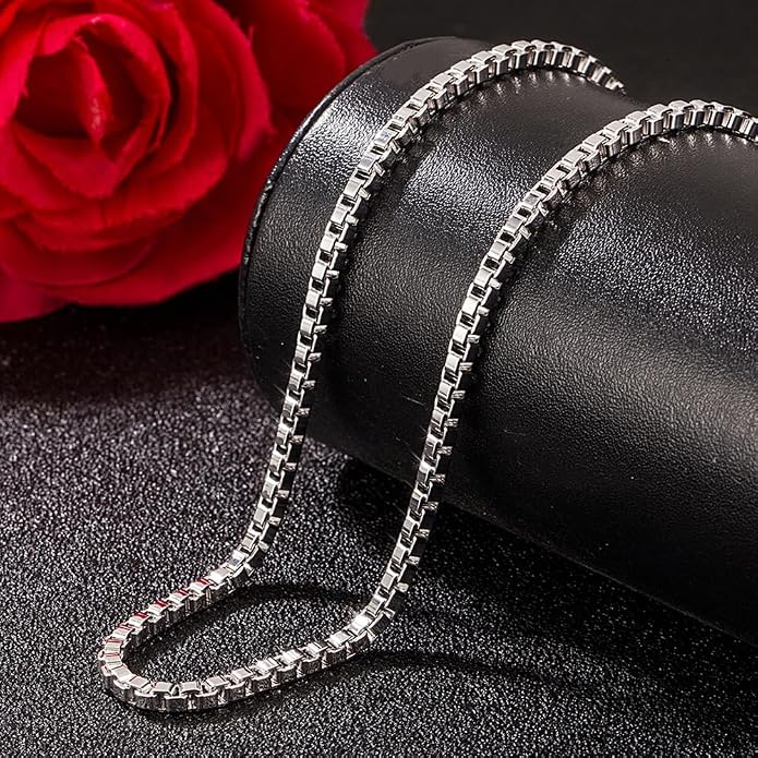 Solid 925 Sterling Silver 3mm Italian Square Box Chain Necklace with Lobster Clasp for Men & Women, 16" to 30" Length