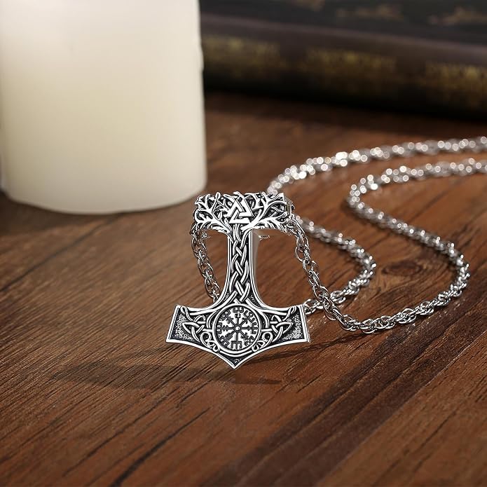 INFUSEU Mythology Pendant Necklaces for Men, Viking Norse Mjolnir Egyptian Anubis Ankh, 22-24 Inch Chain