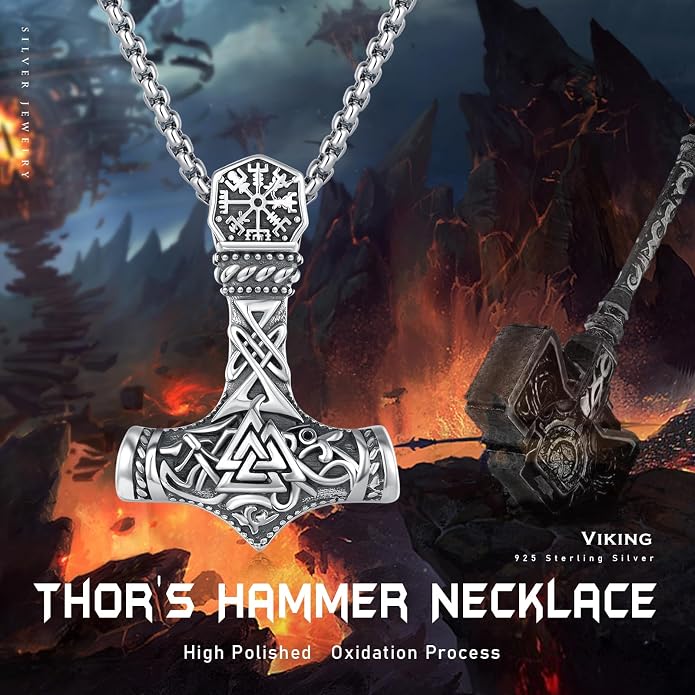 925 Sterling Silver Viking Norse Mjolnir Thor Hammer Pendant Amulet Necklaces with Gifts Box