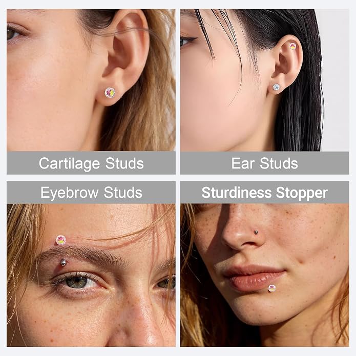 Flat Back G23 Titanium Stud Earrings, Hypoallergenic Titanium Cubic Zirconia Piercing Ear Studs, Versatile Eyebrow Lip Labret Cartilage Helix Sleeper 18G Jewelry for Women Men