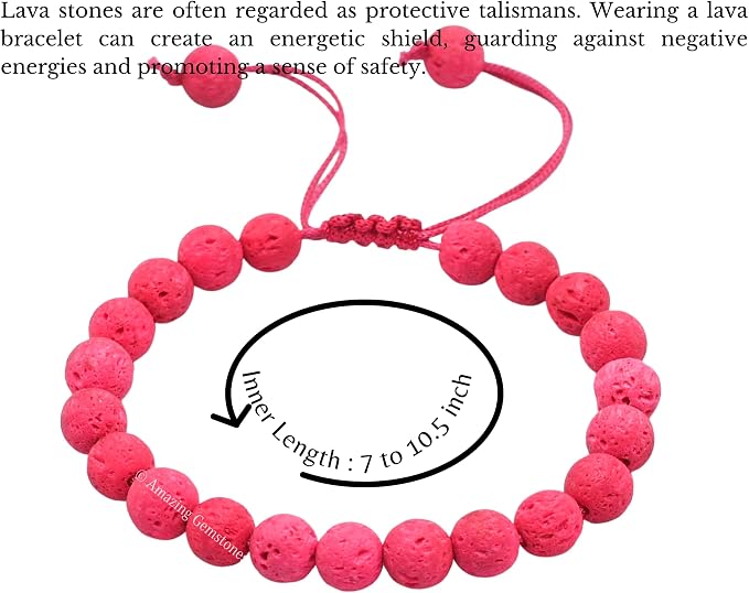 Amazing Gemstone Pink Lava Bracelet, Gifts for Men & Women - Protection Healing Crystal Bracelet - 8mm Gemstone Beaded Adjustable Bracelet, Pulseras para Hombres Mujer Stocking Stuffers