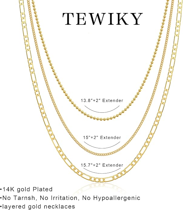 Tewiky Layered Necklaces for Women Non Tarnish- Chunky 14k Gold Plated Herringbone/Snake/Rope/Box/Cuban Link Chain for Women Waterproof Layering Stack Choker Necklace Trendy Dainty Tarnish Free Jewelry Set