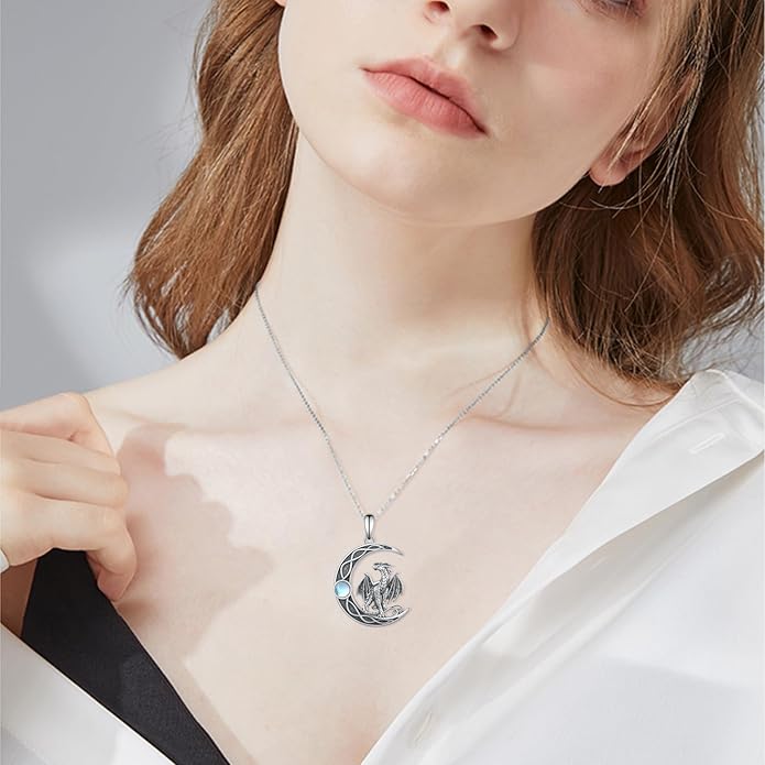 Dragon/Fairy Necklace 925 Sterling Silver Moonstone Crescent Moon Necklace Birthday Gifts for Women