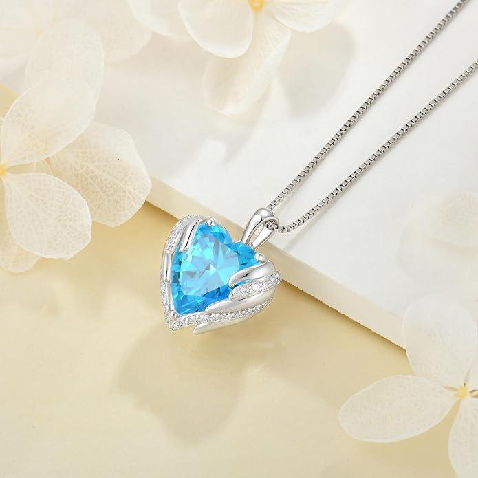Angel Wings Necklace for Women 925 Sterling Silver Cubic Zirconia Love Heart Birthstone Pendant Necklaces