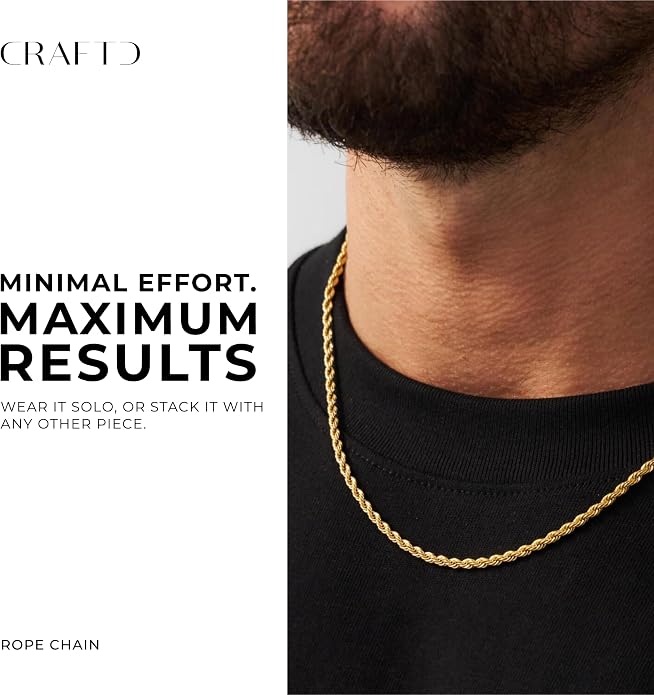 CRAFTD - Gold Rope Link Chain - Durable 18K Gold & 316L Stainless Steel - Waterproof, Heat & Sweat Resistant - Gifts for Men - Men's Jewelry