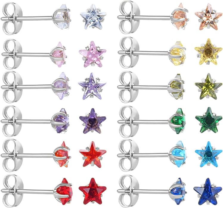 12 Pairs Surgical Stainless Steel Stud Earring Round Heart Star Square Cubic Zirconia Birthstone Stud Earrings Set for Women