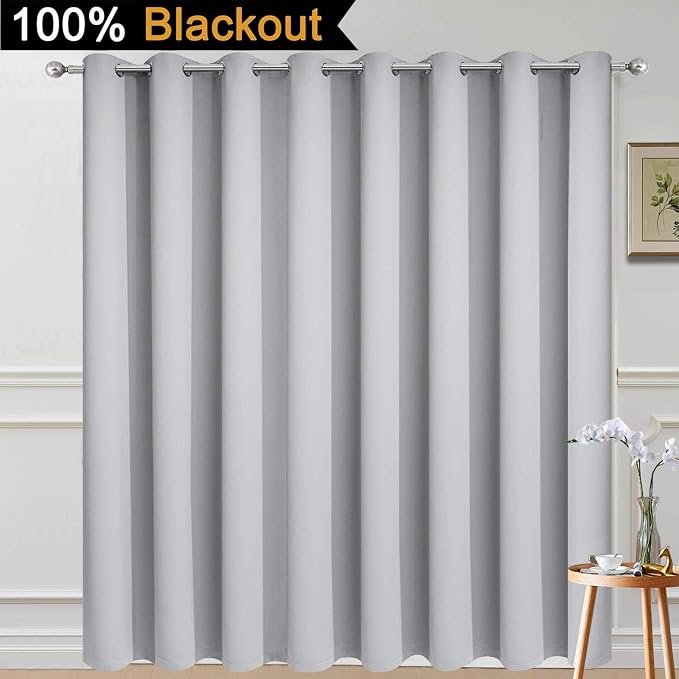 Yakamok Light Grey Blackout Patio Door Curtain Panels W100 x L96, 1 Panel | Noise Reducing Barrier Panel for Sliding Glass Door, 2 Thick Layers Heat Full Light Blocking Patio Door Drapery