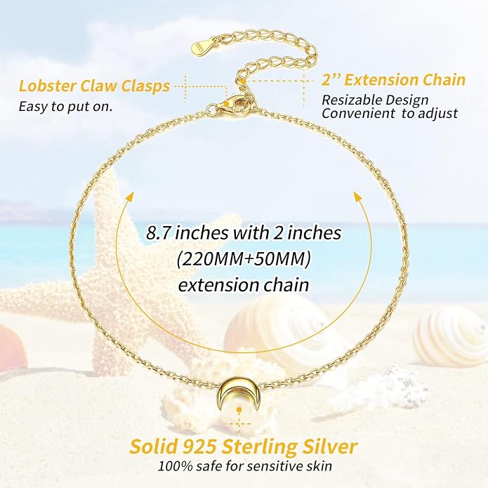 ChicSilver Personalized 925 Sterling Silver Tiny Heart/Moon/Star/Sun/Dot/Triangle Anklets Simple Dainty Foot Jewelry for Women, Silver/Gold Plated/Rose Gold Plated