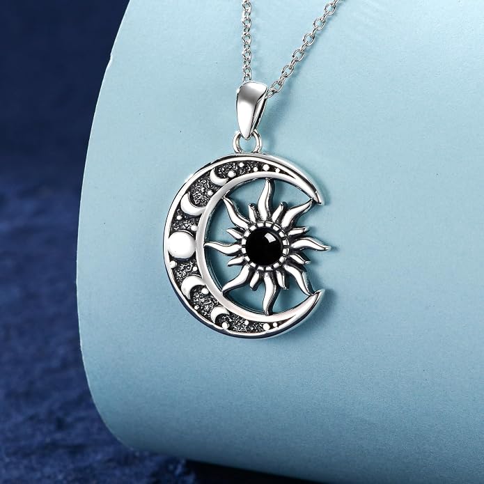 Sun and Moon Necklace 925 Sterling Silver Sun Moon Pendant Gemstone Jewelry Gifts for Women