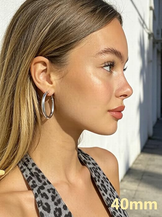 Bestyle 5mm Thick Gold Hoop Earrings Hypoallergenic Hoops for Sensitive Ears Trendy Lightweight Chunky Earrings for Women 30/40/60/80mm