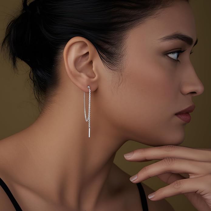 Charmsy 925 Sterling Silver Drop Dangle Earrings for Women | Long Threader Dangle Earrings Chain With Bar 57 MM