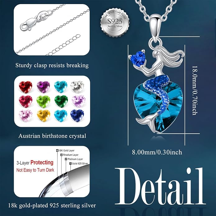 Mermaid Birthstone Necklace for Women 925 Sterling Silver Jewelry Austrian Crystal Pendant Christmas Gifts for Her