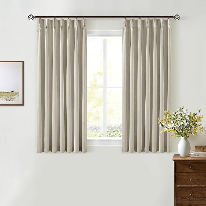 Oatmeal Beige Pleated Black Out Linen 45 Inch Curtains with Liner 2 Panels | 100% Blackout, Memory Trained Pinch Pleat, Thermal Insulated, Noise Reduce, Short Curtains 2 Layers for Kitchen Small Window