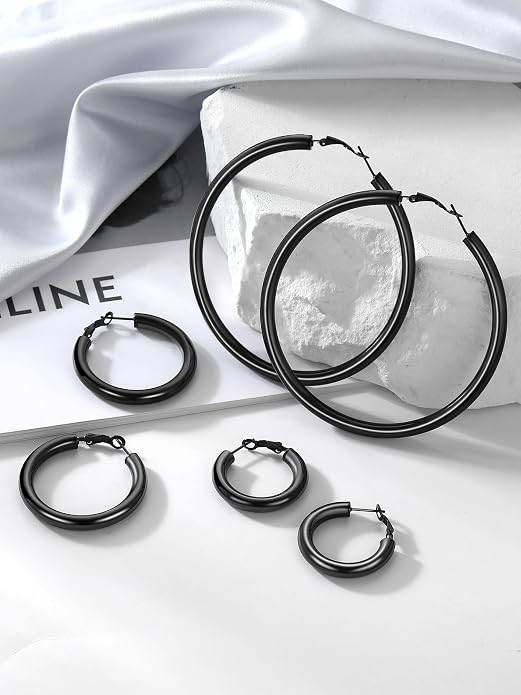 Stainless Steel Chunky Hoop Earrings For Women, Minimalist and Chic, Black/Gold Plated, Round Hoops Earrings Hypoallergenic, Size: 30mm/40mm/60mm/80mm, Come with Box