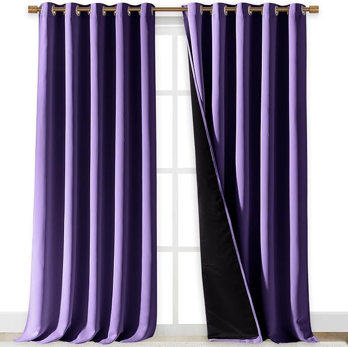 NICETOWN 100% Blackout Blinds, Laundry Room Decor Window Treatment Curtains for Large Patio Sliding Door, Thermal Insulated Lilac Purple Curtains for Bedroom, Set of 2, 70 inches x 108 inches