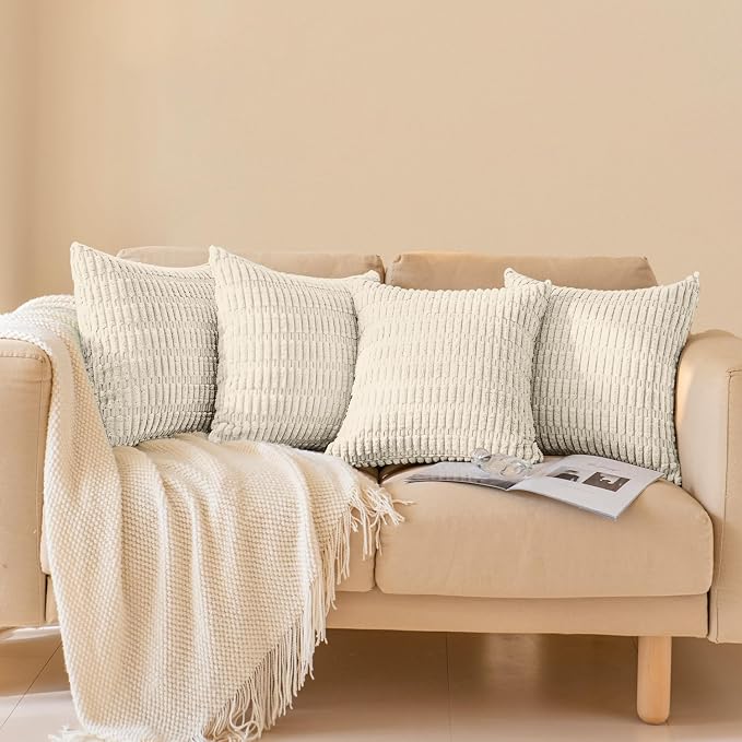 Softalker Throw Pillow Covers 16x16 Inch, Set of 4, Corduroy Soft Striped Farmhouse Boho Pillow Cover, Modern Decorative Cushion Pillow Case for Couch Sofa Bedroom Living Room, Cream