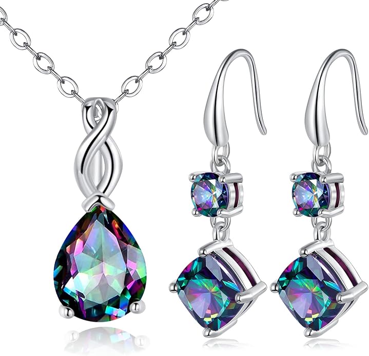 VOLUKA Created Opal/Amethyst/Mystic Topaz Pendant Necklace for Women,18K White/Rose Gold Plated Chain Wedding Engagement Jewelry Gift