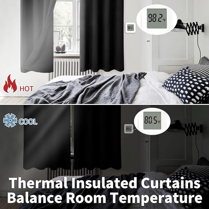 BGment Thermal Insulated 100% Blackout Curtains for Bedroom with Black Liner, Double Layer Full Room Darkening Noise Reducing Grommet Curtain (52 x 90 Inch, Black, 2 Panels)
