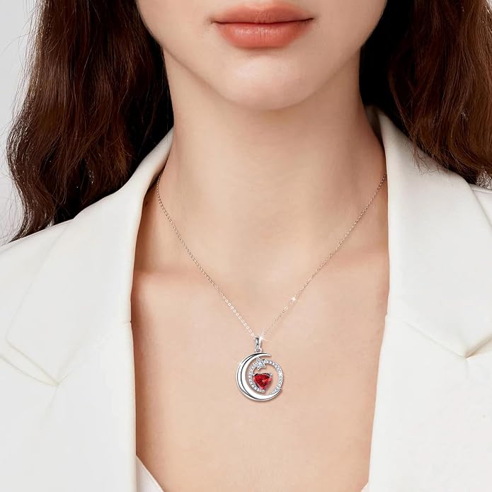 S925 Sterling Silver Birthstone Pendant Necklace Moon Star Necklace Jewelry Gift for Women Anniversary Valentine's day