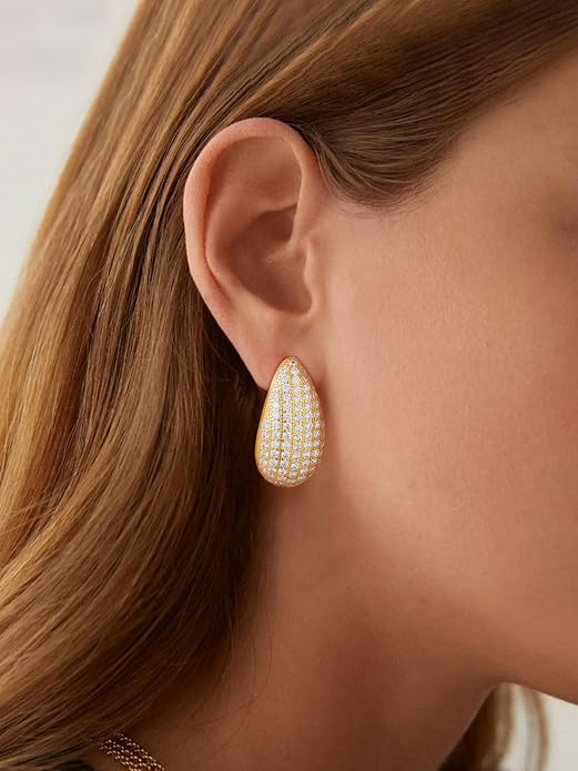 KeyStyle Chunky Gold Hoop Earrings for Women Trendy, Stainless Steel TearDrop Hoops Earring, Lightweight Water Drop Ear Jewerly