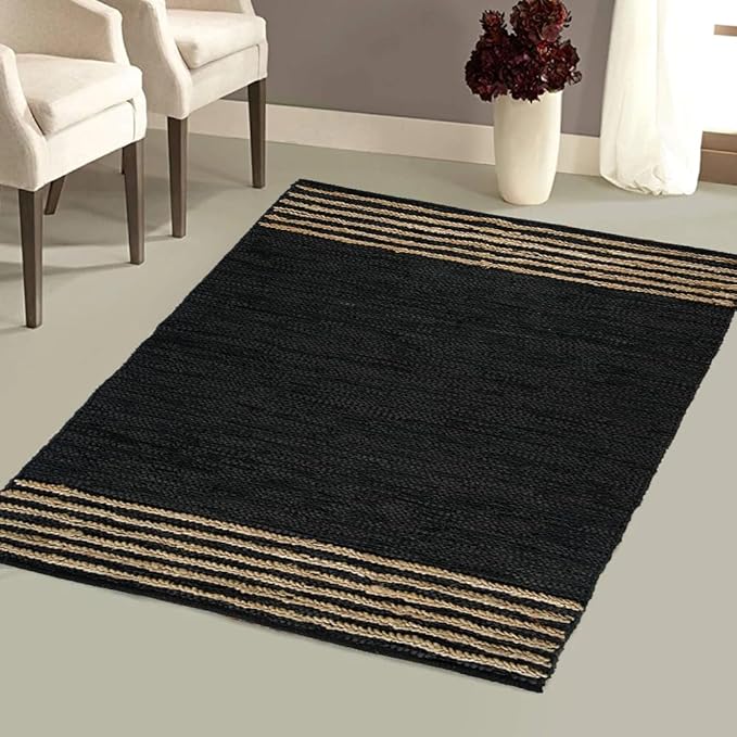 GRUHUM Black Jute Area Rug 3x5ft - Natural Fiber Rectangular Black Leather Handwoven Boho Farmhouse Soft Braided Vintage Eco Friendly Rugs Indoor Living Room Kitchen Hallways Enterways Doormat 3x5 ft