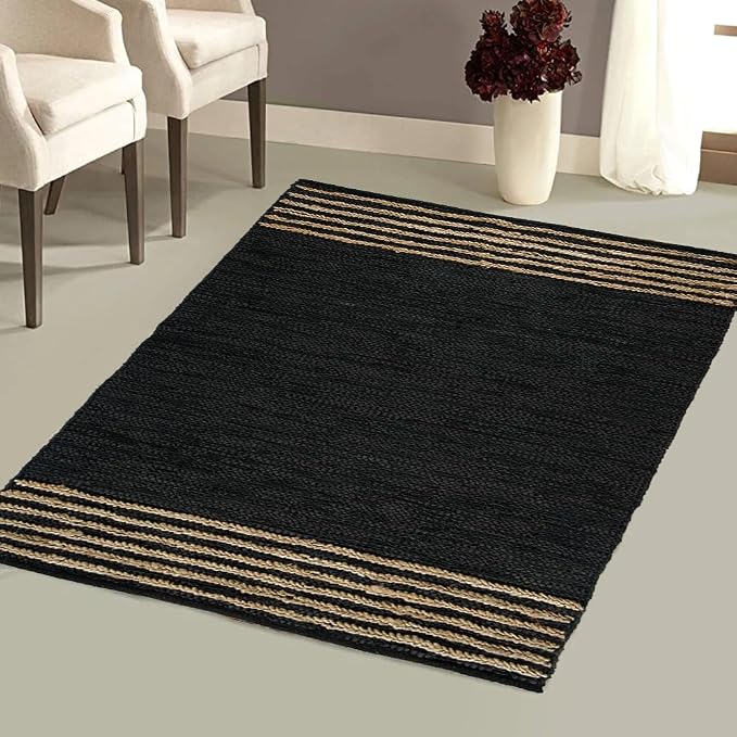 GRUHUM Black Jute Area Rug 2x3ft - Natural Fiber Rectangular Black Leather Handwoven Boho Farmhouse Soft Braided Vintage Eco Friendly Rugs Indoor Living Room Kitchen Hallways Enterways Doormat 2x3 ft