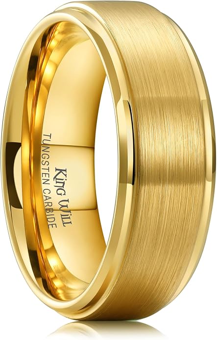 King Will Tungsten Carbide Wedding Band for Men Women-4/6/8mm Width 14K Gold Plated Tungsten Wedding Ring Matte Brushed & High Polished Style Comfort Fit Wedding Band Size 6-14