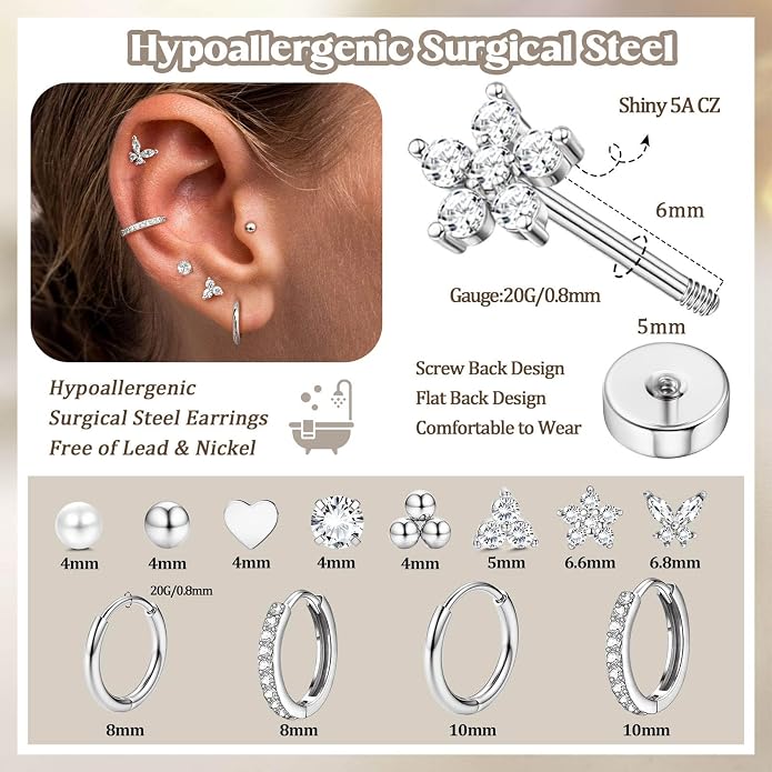 Jstyle 23 Pairs Hypoallergenic Silver Stud Hoop Earrings for Women Flat Back Earring for Women Surgical Stainless Steel Earrings for Sensitive Ears Small Stud Cartilage Earring Stack Jewelry Set