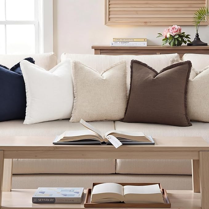 decorUhome Linen Fringe Navy Blue Throw Pillow Covers 16x16 Set of 2 | Decorative Soft Accent Modern Boho Farmhouse Cushion Covers with Tassels Cotton Pillow Covers for Couch Bed Sofa