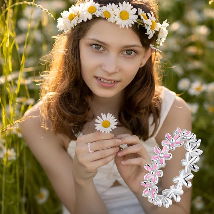 S925 Sterling Silver Dainty Daisy Flower Rings for Women, I Think Of You Every Daisy, 12 Month Birth Flower Ring