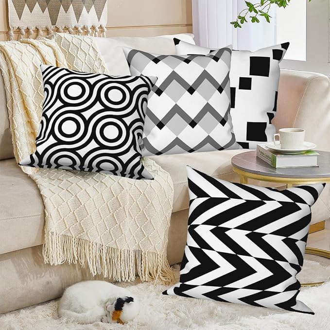 Black White Throw Pillow Covers Geometric Modern Abstract Grey Stripes Minimalist Art Boho Pattern 16x16 Set of 4 Cushion Cover for Outdoor Indoor Sofa Chair Couch Garden Patio Farmhouse