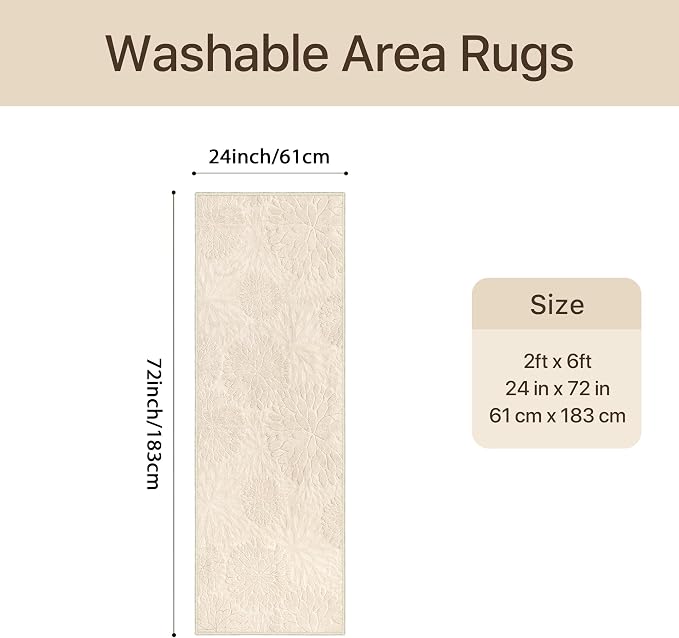 GENIMO Soft 2x6 Washable Runner Rug Non Slip, 3D Modern Floral Hallway Runner, High-Low Pile Textured Non Slip Thin Fuzzy Carpet, Non-Shedding Stain Resistant Beige Rugs for Entryway Bedroom Laundry