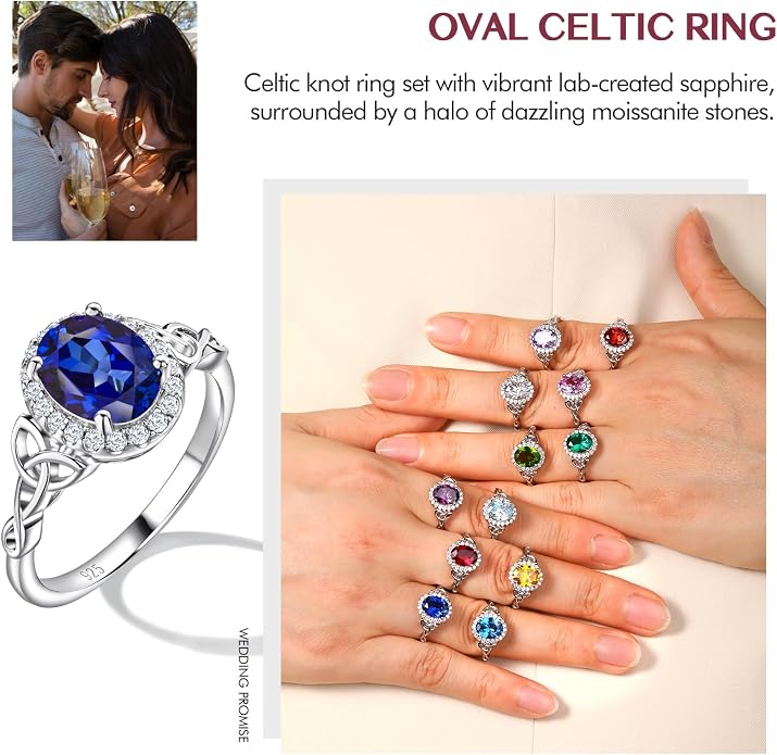 DAYBYDAY Celtic Birthstone Rings for Women 925 Sterling Silver Heart/Round/Pear/Oval Created Gemstone Moissanite Halo Engagement Promise Rings for Her Wife Birthday Anniversary Wedding Jewelry