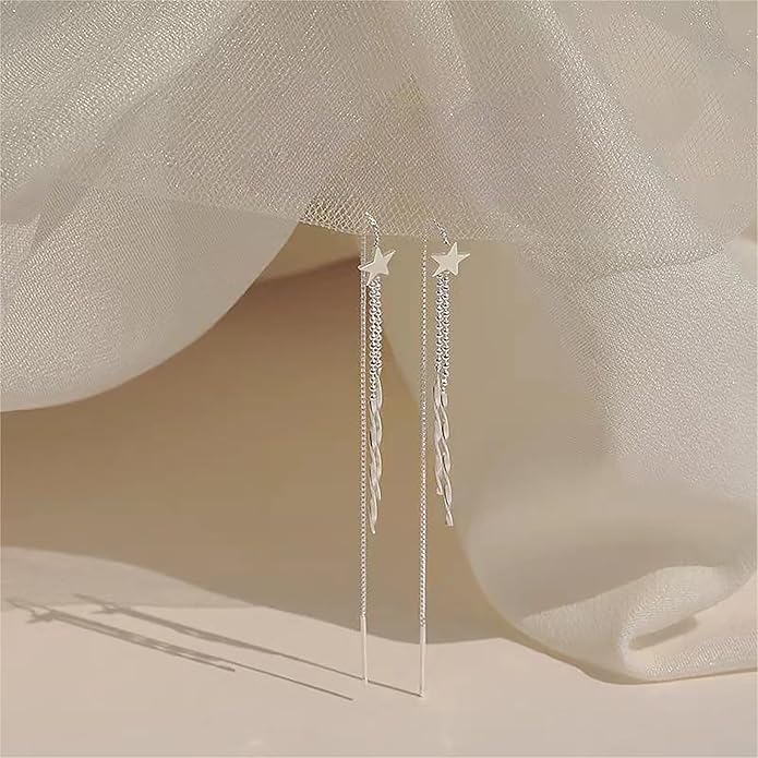 925 Sterling Silver Tassel Chain Dangle Earrings for Women Sparkling Long Fringe Dangle Drop Earrings Bling Line Minimalist Wedding Studs Earring Jewelry Birthday Christmas Gifts for Her