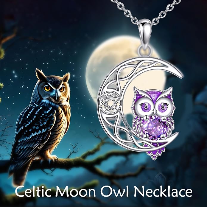 Owl Birthstone Necklace Sterling Silver Celtic Moon Pendant Cubic Zirconia Owls Jewelry Birthday Gifts for Women Men