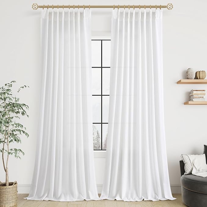 Aersas Soft White Pinch Pleat Linen Curtains 90 Inch Length 2 Panels Set for Bedroom Dining Room Semi Sheer Linen Boho Farmhouse Neutral Window Curtains 90 Inches Long for Living Room Nursery 50x90