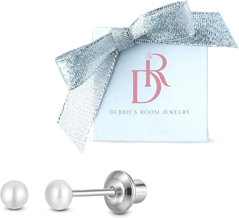 Pearl Screw Back Stud Earrings for Baby, Toddler, Girls | Hypoallergenic 925 Sterling Silver Screwback Safety Earrings | Simulated Pearl Studs for Sensitive Ears | Keepsake Gift for Birthdays Holidays Special Occasions