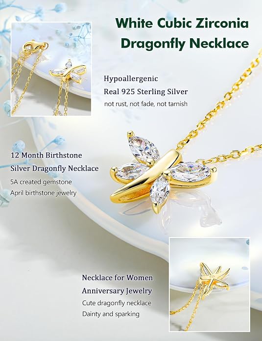 925 Sterling Silver Birthstone Necklaces for Women, Dainty Cute Dragonfly/Butterfly Pendant Necklace, Great Christmas/Anniversary Jewelry for Mother
