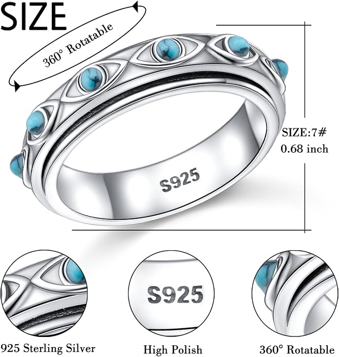 Ladytree Evil Eye Fidget Spinner Ring for Women 925 Sterling Silver Anxiety Relief Jewelry with Created Turquoise Stress Relief Gift