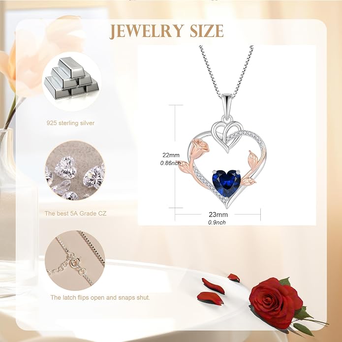Rose Heart Necklaces for Women - 925 Sterling Silver Gold Rose Birthstone Pendant Jewelry for Girlfriend Daughter - Anniversary Birthday Christmas Valentines Day Mother’s Day Jewelry Gifts for Women Wife Her Girls Mom