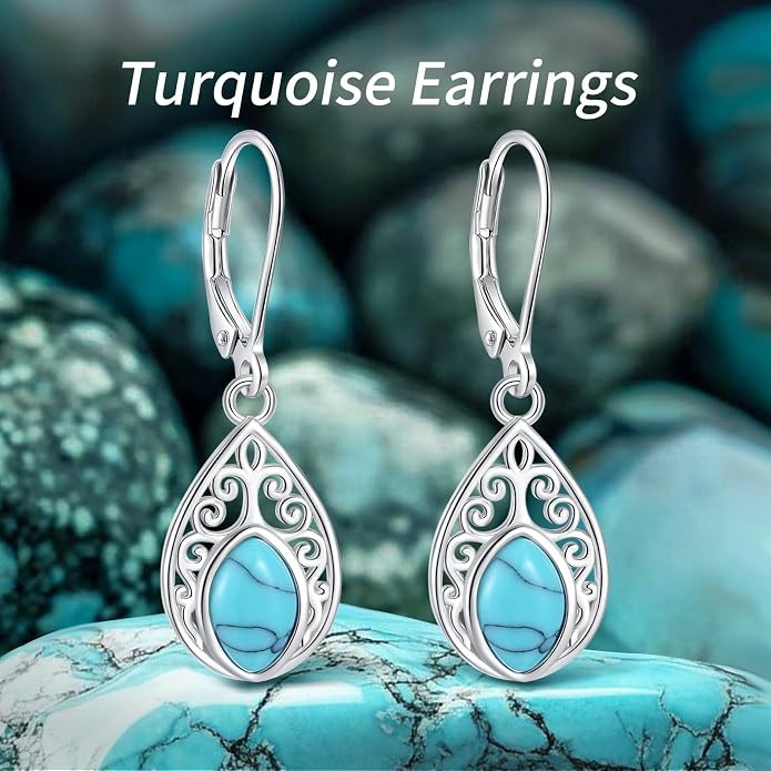 Vito 925 Sterling Silver Teardrop Earrings for Women, Moonstone Turquoise Drop Dangle Earrings Cat Snake Turtle Tree of Life Leverback Earrings Boho Jewelry Gift for Mom Wife