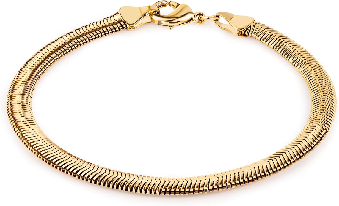 Barzel 18K Gold Plated 7mm Flat Snake Dome Herringbone Chain Link Bracelet, 7.5 Inches - Made in Brazil