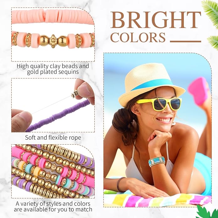 Yinkin 67 Pcs Surfer Heishi Clay Bead Bracelets for Women Handmade Beaded Bracelets Colorful Beaded Bracelets Elastic Boho Jewelry Beach Friendship Stretch Bracelet Set for Girls Teen
