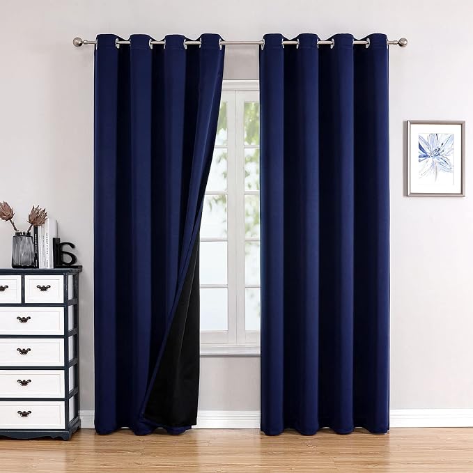 ChrisDowa 100% Blackout Curtains for Bedroom 102 Inches Long 2 Panels Set | 2 Thick Layers, Thermal Insulated, Light Blocking, Grommet, Long Window Drapes, for Living Room, Navy Blue, 52 x 102 Inch