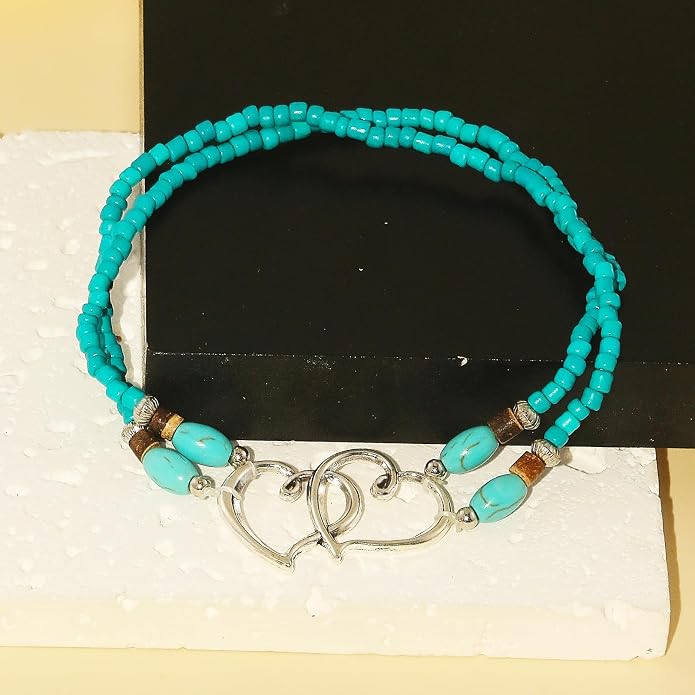 Elastic Beaded Ankle Bracelets for Women Double Heart Layered Stretch Ankle Bracelets Waterproof Dainty Boho Beaded Anklets for Summer Beach Foot Jewelry