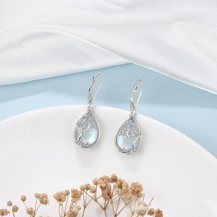 Odinstone 925 Sterling Silver Earrings Tree of Life Teardrop Moonstone Dangle Drop Leverback Earrings for Women