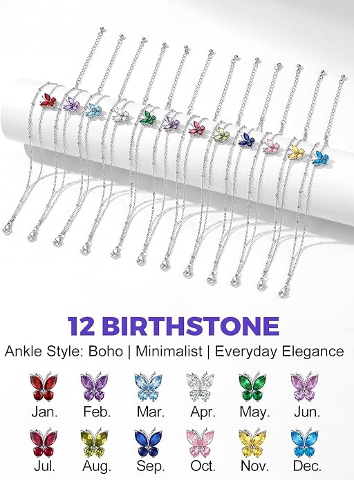 Richsteel Double Layer Heart/Butterfly Birthstone Anklet for Women Non Tarnish Waterproof, Silver/Gold/Black Stainless Steel 8.5-10.5 Inch Adjustable Chain Anklets Jewelry Gifts for Her
