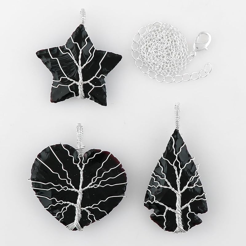 Tree of Life Craft - Raw Black Sea Glass Rough Crystals Pendant Necklace, Wire Wrapping, Gift Giving Women Jewelry with Dainty Silver Plated Chain 18 inch (3pcs)